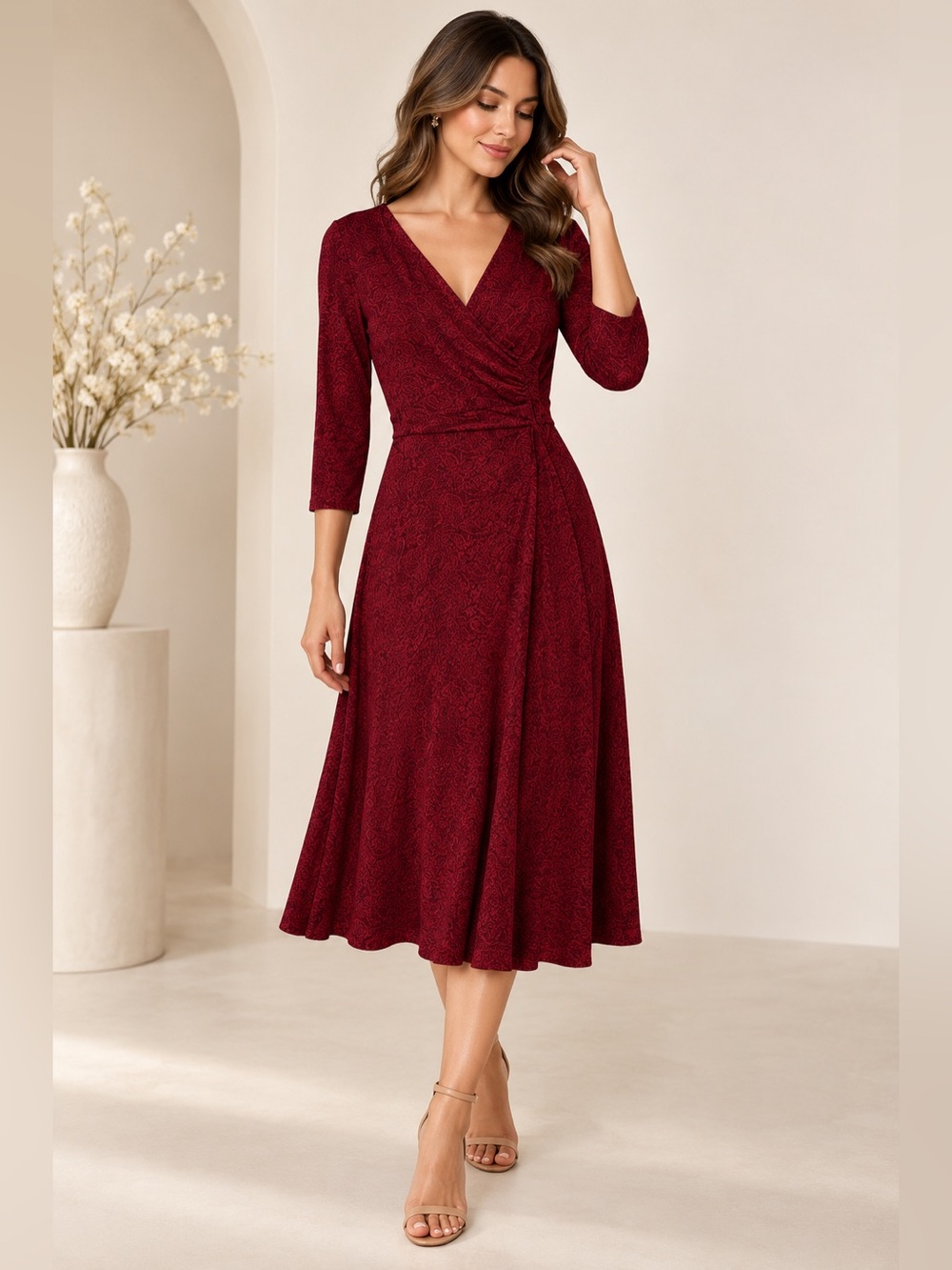 Max and Cleo Red Black Paisley Wrap Midi Dress Size Medium
